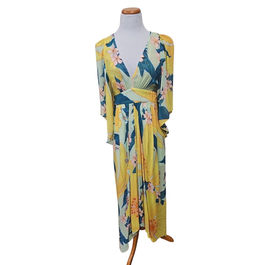 Farm Rio Floral Pietra Maxi Dress. Vibrant Yellow And Blue Floral Colorful Bold